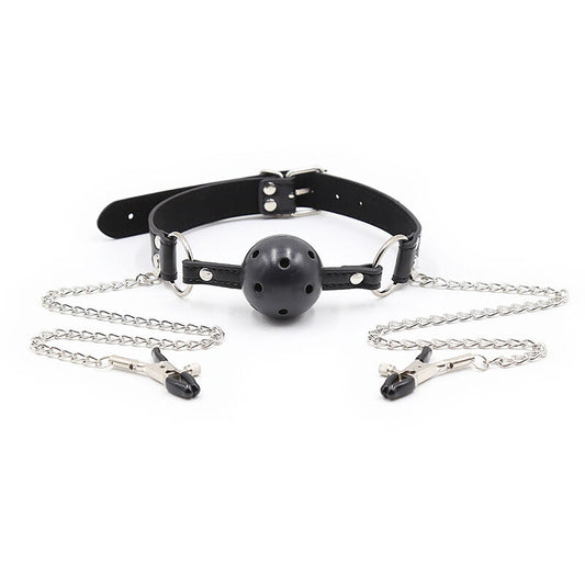 Ball Gag With Vents And Nipple Clamps