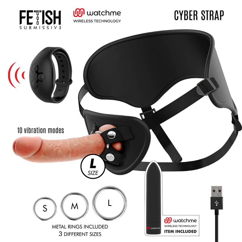 FETISH SUBMISSIVE CYBER STRAP - HARNESS WITH DILDO AND BULLET REMOTE CONTROL WATCHME L TECHNOLOGY - The Intimacy Studio