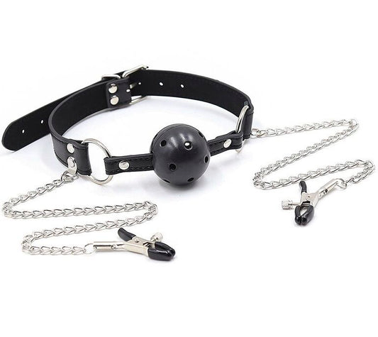 Ohmama Fetish - Ball Gag With Vents And Nipple Clamps